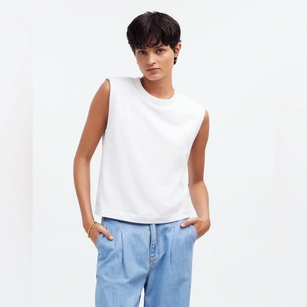 Madewell Womens Structured Muscle Tee Crewneck Padded Shoulders NR246 XS White